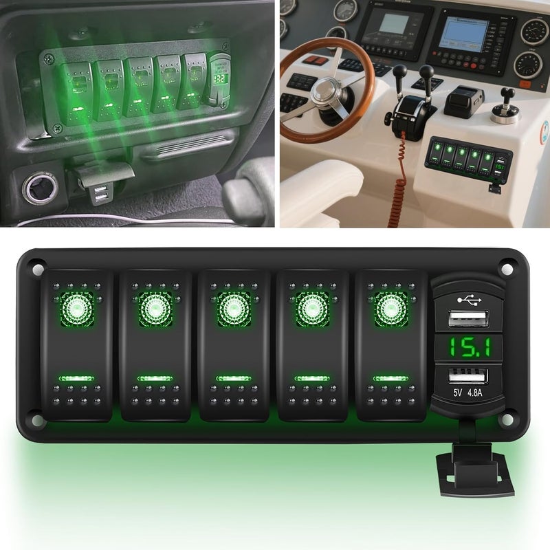 NORTHYUN 5 Gang 12V Rocker Switch Panel with 4.8A Dual USB Charger and Voltmeter, Pre-Wired Waterproof Rocker Switch 12V/24V DIY Stickers for Car, Truck, RV, Trailer - Image 2